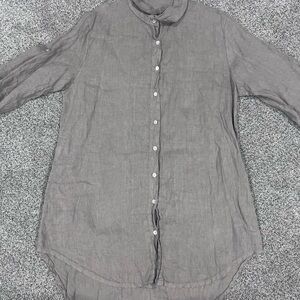 Modamalfi Made In Italy 100% Linen Button Front Shirt Dress Taupe Grey M/L